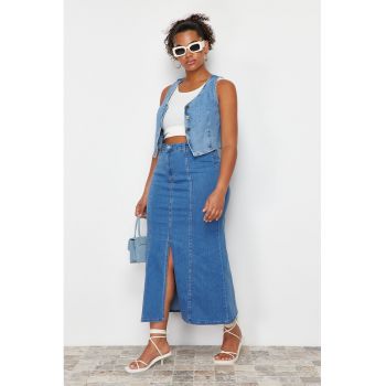 Fusta maxi plus size din denim cu slit frontal