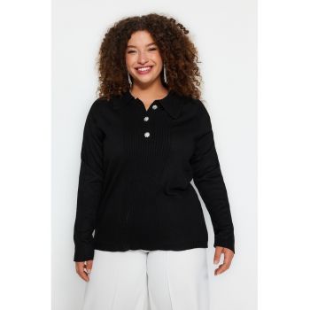 Pulover polo plus size cu segment striat