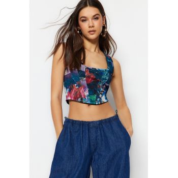 Top crop cambrat cu model floral