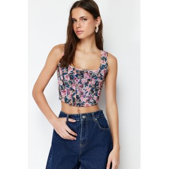 Top crop cambrat cu model floral