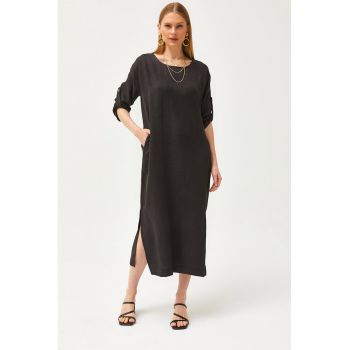 Rochie midi din amestec de in cu buzunare laterale 134159