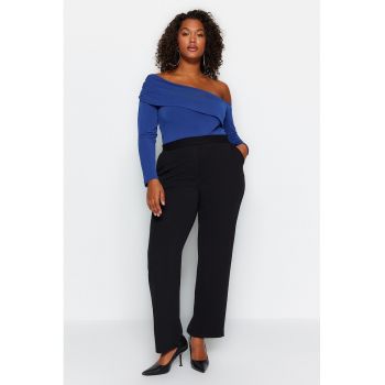 Pantaloni plus size cu talie inalta si buzunare laterale