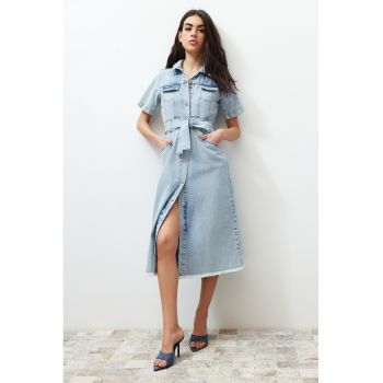 Rochie din denim cu cordon in talie