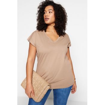 Tricou plus size de jerseu cu decolteu in V