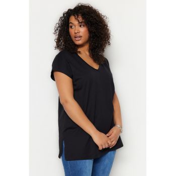 Tricou plus size de jerseu cu decolteu in V