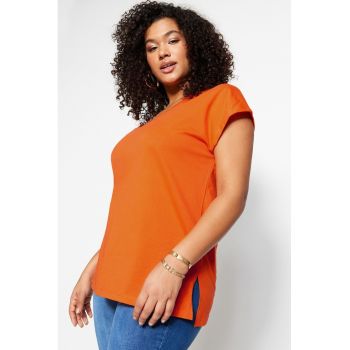 Tricou plus size de jerseu cu decolteu in V