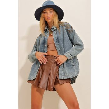 Jacheta Trend Alacati Stili - oversize cu broderie - albastru -