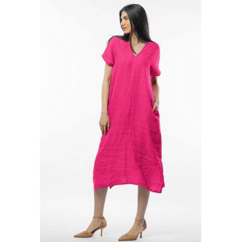 Rochie lunga din in cu funda pe spate, fucsia