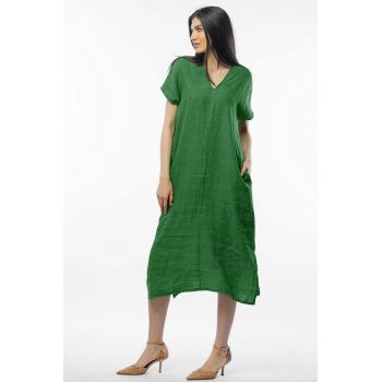 Rochie lunga din in cu funda pe spate, verde oliv inchis