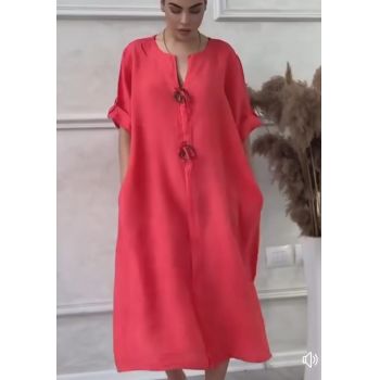 Rochie oversize din in, cu nasturi pe piept, corai