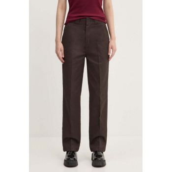 Dickies pantaloni femei, culoarea maro, drept, high waist