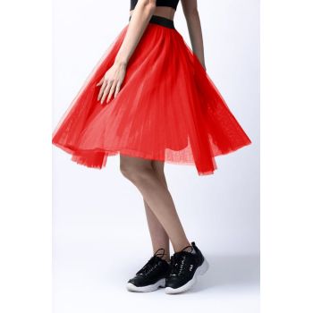 Fusta midi din tulle plisat, rosie la reducere