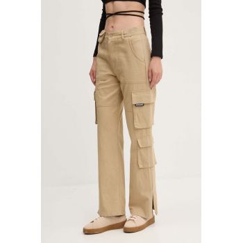 Sixth June pantaloni de bumbac culoarea bej, fason cargo, high waist