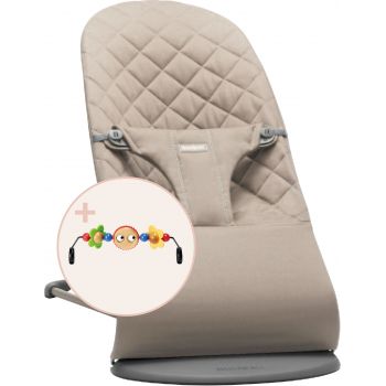 BabyBjorn - Balansoar Bliss Sand Grey din tesatura matlasata cu aspect Clasic, cu bara de jucarii inclusa