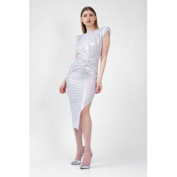 Rochie midi alba cu prit argintiu