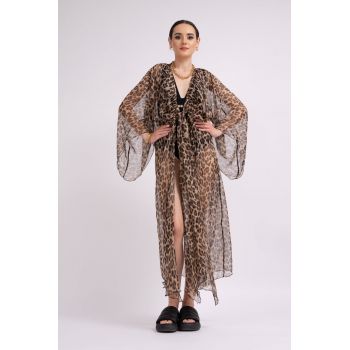 Caftan din voal leopardat cu fronseuri