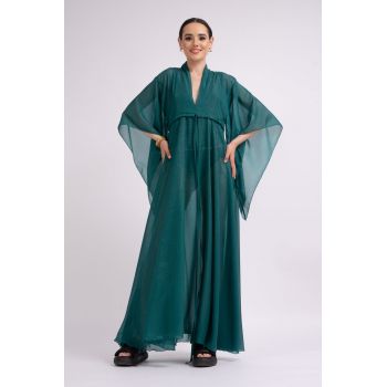 Caftan evazat cu snur pe talie - Verde smarald