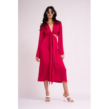 Rochie fuchsia midi cu maneca lunga si nod