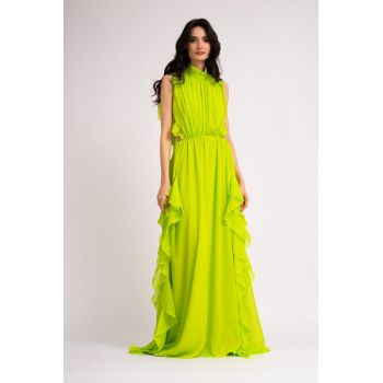 Rochie maxi din voal verde neon cu insertii metalice