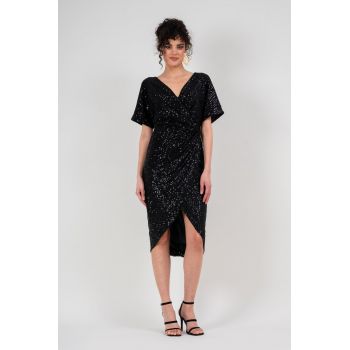 Rochie midi din paiete negre cu maneca evazata