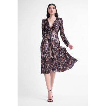 Rochie midi laminata cu imprimeu si pliuri