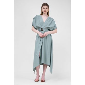 Rochie midi mint cu bust drapat si curea