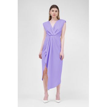 Rochie midi mov pastel cu drapaje si pliuri