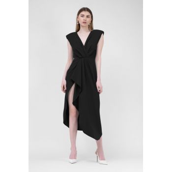 Rochie midi neagra cu drapaje si pliuri