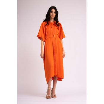 Rochie midi portocalie cu maneca raglan si fronseuri la reducere