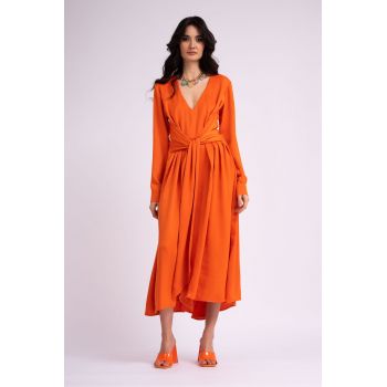 Rochie midi portocaliu neon cu esarfe si pliuri la reducere