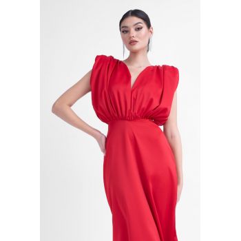 Rochie midi rosie cu bust drapat in V