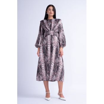 Rochie Midi Snake Print cu Umeri Proeminenti si Pliuri