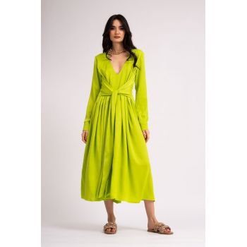 Rochie midi verde neon cu esarfe si pliuri