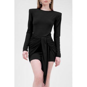 Rochie mini neagra cu esarfa si fronseuri