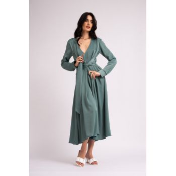 Rochie mint midi cu esarfe si pliuri