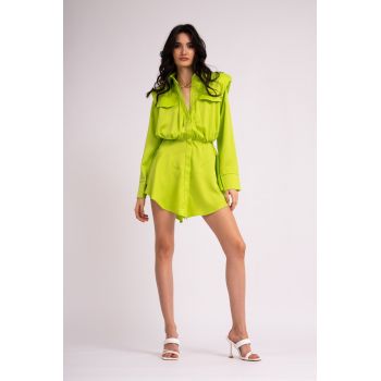 Rochie verde neon mini cu umeri ascutiti supradimensionati