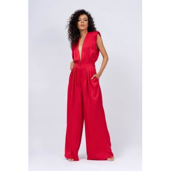 Salopeta maxi rosie cu bust drapat