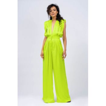 Salopeta maxi verde neon cu bust drapat