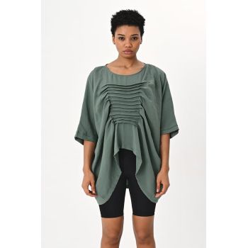 Bluza verde menta oversize din tencel cu pliseuri pe fata