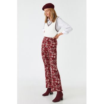 Pantaloni cu imprimeu floral si talie inalta