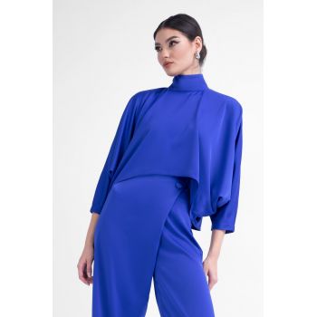 Bluza asimetrica cu guler si nasturi albastru electric