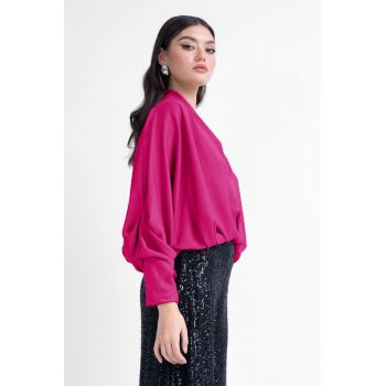 Bluza fuchsia cu maneci drapate si decolteu in V