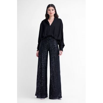 Bluza neagra cu maneci drapate si decolteu in V