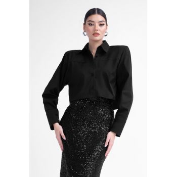 Camasa neagra cropped cu umeri proeminenti din poplin