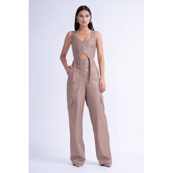 Pantaloni De Piele Bej Wide Leg cu Buzunare