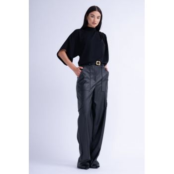 Pantaloni din Piele Neagra Wide Leg cu Buzunare