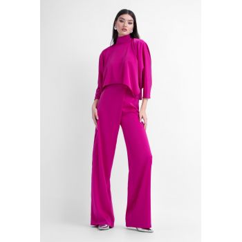 Pantaloni fuchsia asimetrici cu nasture