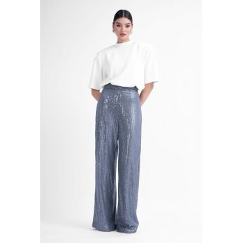 Pantaloni gri wide leg cu talie inalta din paiete