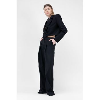 Pantaloni negri ultra wide leg cu pliuri