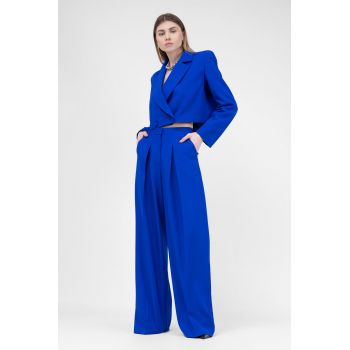 Pantaloni ultra wide leg cu pliuri albastru electric la reducere